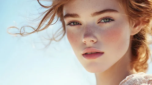 High-key close-up portrait renders freckled face in soft focus