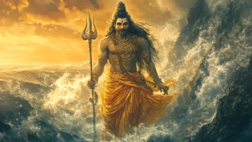 Mythic warrior strides through storm-lit ocean waves.