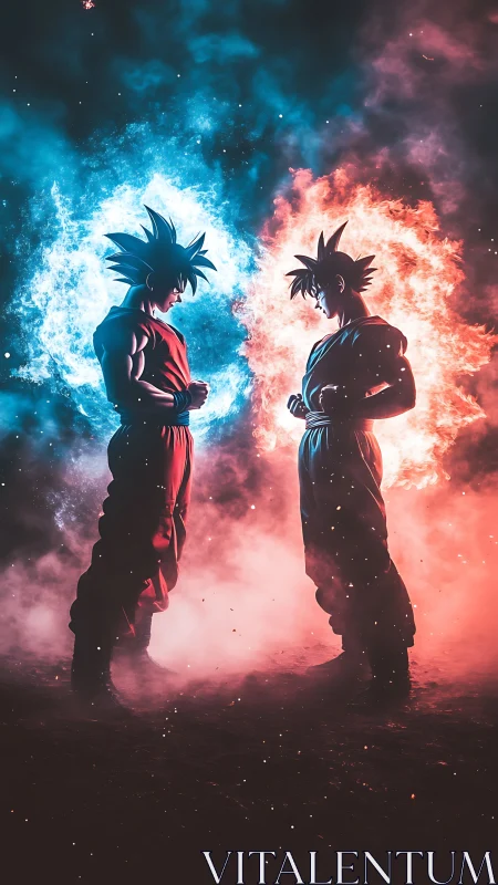 Fiery rivals stand in glowing blue and red battlefield light.