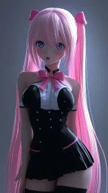 Soft-lit pink-haired anime girl in glossy maid outfit.