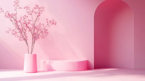 Soft pink minimalist archway scene evokes tranquil elegance