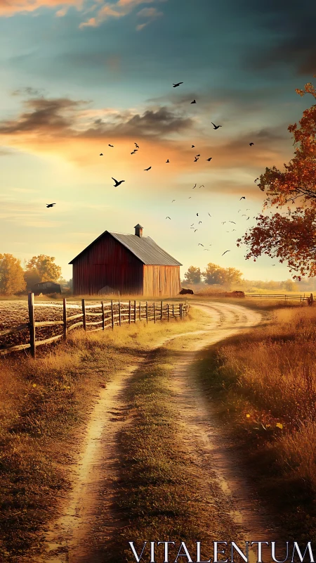 Golden country lane winding toward a quiet rustic barn.