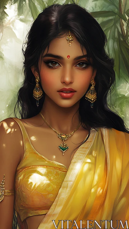 Golden sari glow with serene forest light and quiet grace.