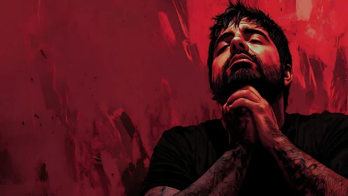 High-contrast digital portrait isolates imploring pose in red field