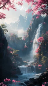 Dream-clad cherry falls in a mist-veiled mountain valley.