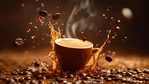 Coffee splash with steaming cup and scattered beans.