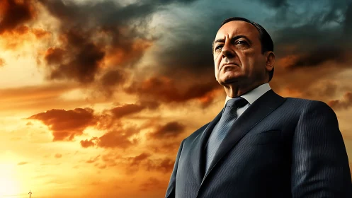 Ironclad executive beneath a bruised, blazing sunset sky.