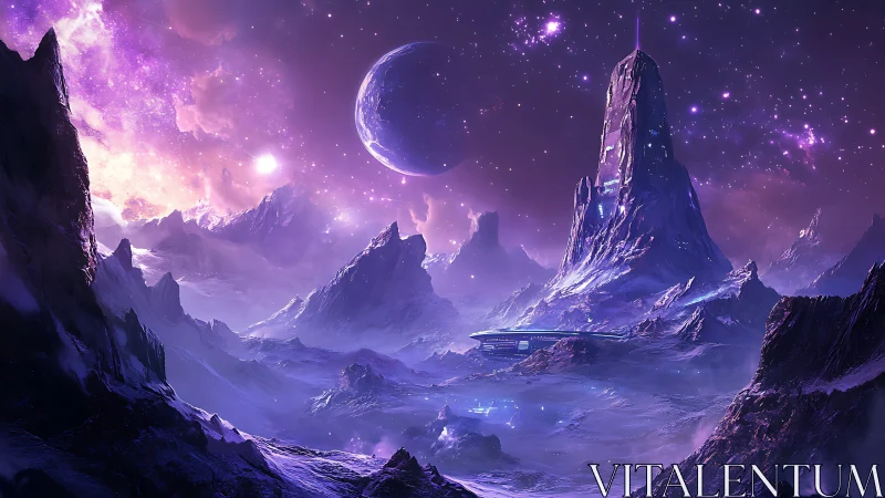 Alien mountain landscape shows tall spire and distant planet