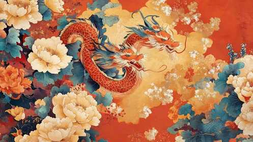 Twin dragon spirits glide gently through clouds and blossoms
