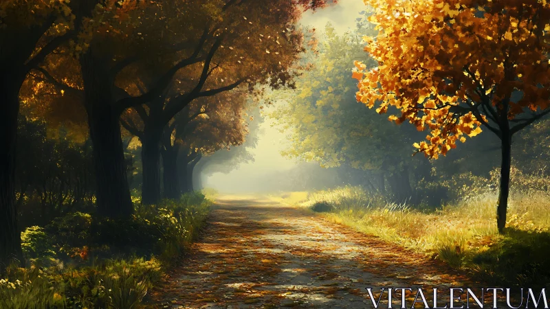 Volumetric autumn pathway with atmospheric light scattering through deciduous canopy