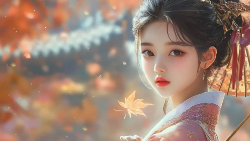 Autumn kimono portrait with shallow-depth bokeh rendering.