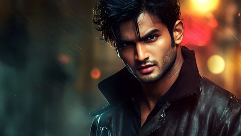 Moody young man walks through glowing city rain at night