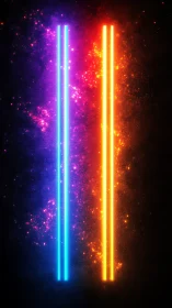 Dual vertical neon light bars with glowing particle clouds.