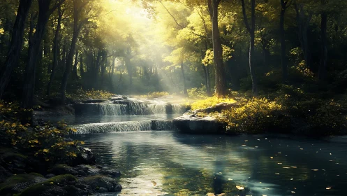 Sunlit Forest Stream with Cascading Waterfalls.