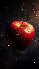 Backlit red apple with dew suspended in dramatic darkness