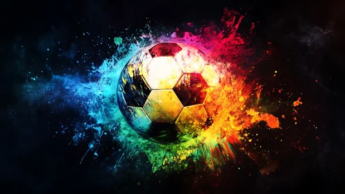 Prismatic soccer sphere detonates in wild chromatic storm.