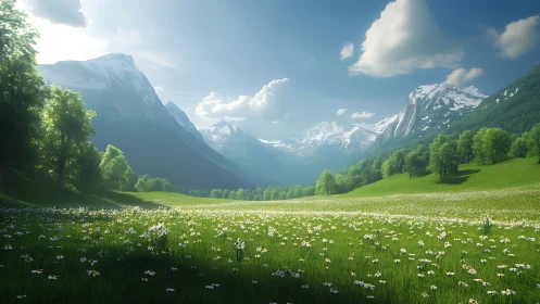 Sunlit alpine meadow unfolds beneath towering snowy peaks