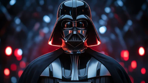 Sith lord helmet glows under neon red and blue bokeh.