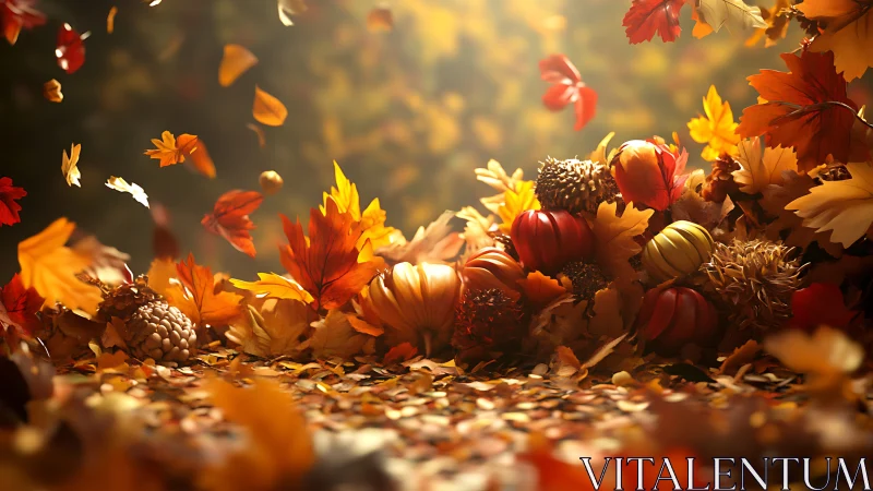 Autumn leaves with gourds in soft glowing seasonal light.