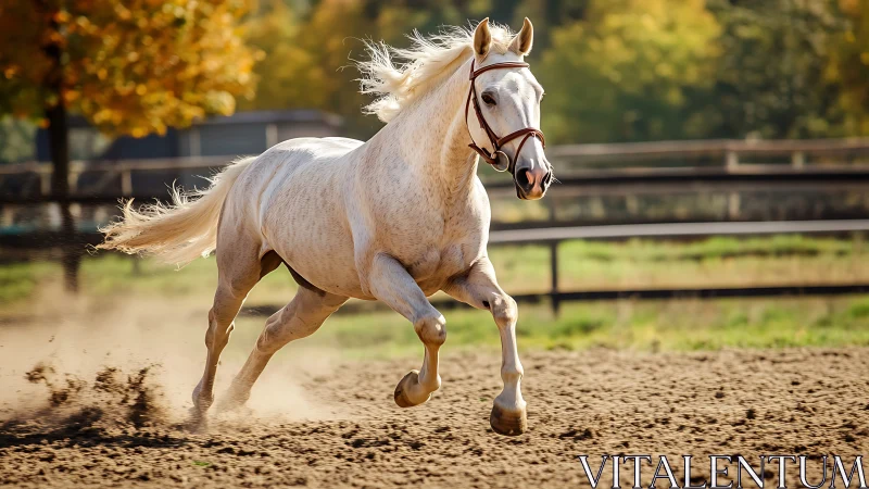 Dynamic equine gallop in sunlit paddock, telephoto capture.
