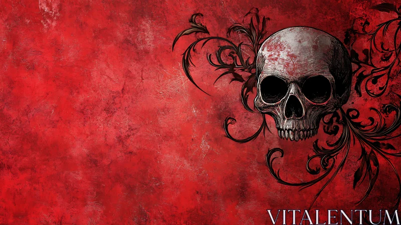 Cranial anatomy with baroque flourishes on distressed red field.