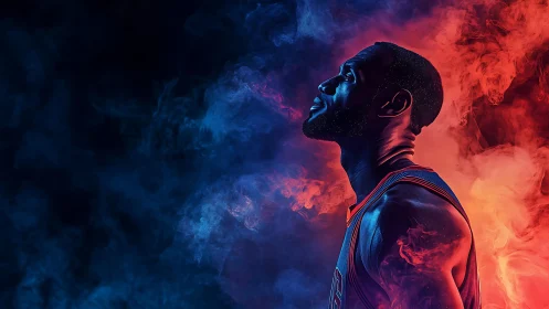 Digital painting profile portrait in dual-color smoke field.