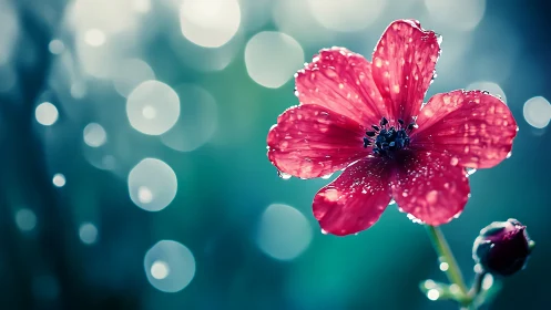 Macro red flower with raindrops and teal circular bokeh field