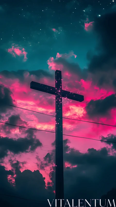 Luminous cross glowing softly beneath a dreamy pink sky.