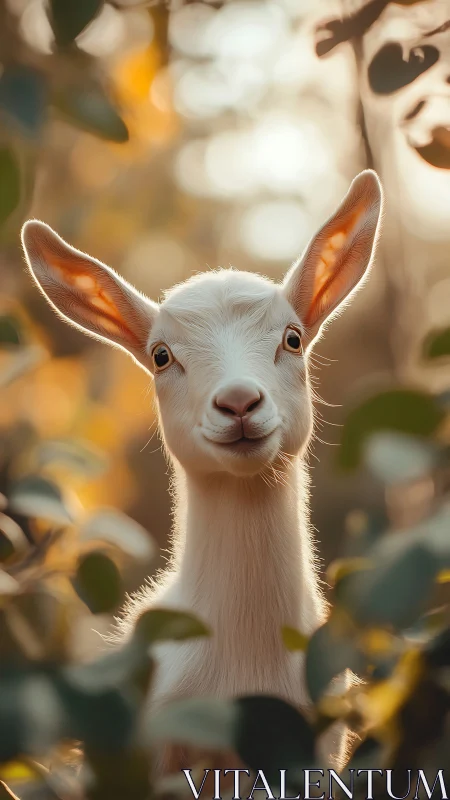 White baby goat portrait in warm forest bokeh light.