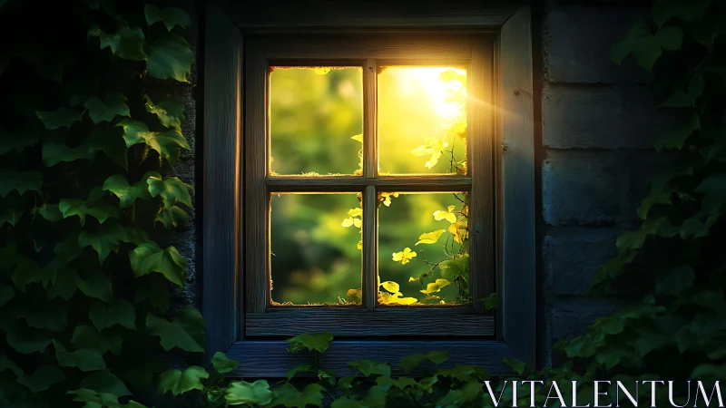 Golden garden light framed by a quiet ivy-clad window.