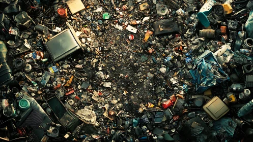 Photorealistic landfill top-view with radial debris composition.