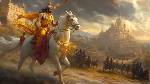 Warrior king leads radiant cavalry toward golden citadel.
