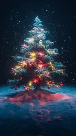 Glowing outdoor Christmas tree with lights and ornaments.