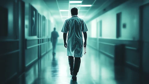 Lone night-shift doctor pacing a teal-lit hospital hallway.