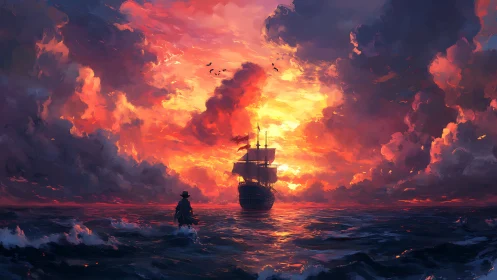 Storm-lit galleon sails toward blazing vermilion horizon.