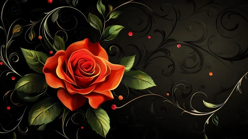 Crimson rose displayed with ornamental flourishes against dark background.