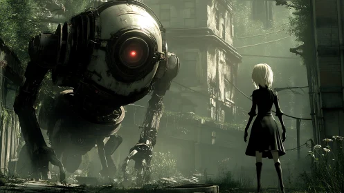 Post-apocalyptic android vs mech in overgrown cityscape staging.