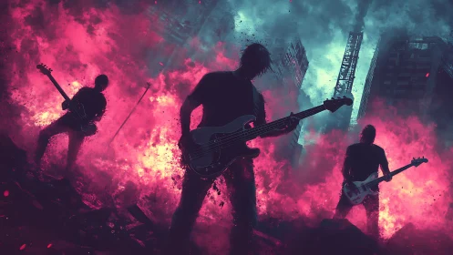 Rock band ignites a neon storm in a dramatic cityscape.