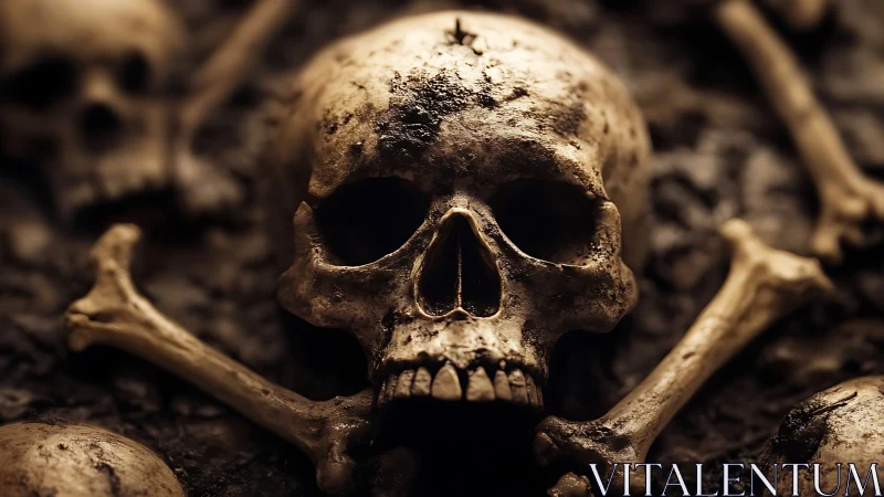 Human skull and bones in closeup on dark earthy surface.