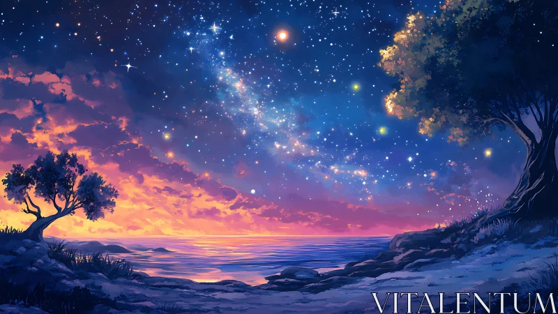 Star-filled twilight sky shimmers above tranquil ocean shore.