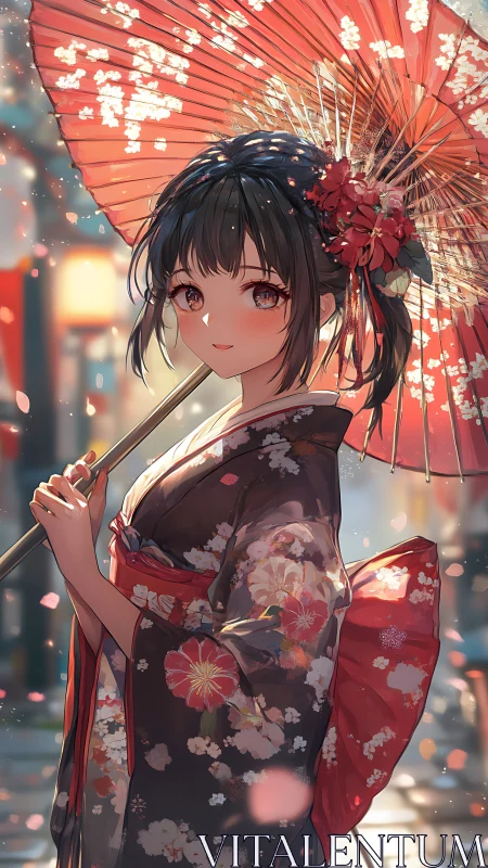 Anime kimono portrait with parasol and soft bokeh lighting.