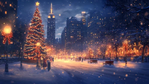 Snow-covered city park displays illuminated Christmas tree