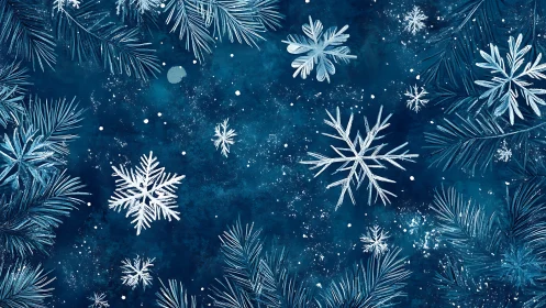 Detailed snowflakes with frosted pine branches on deep teal
