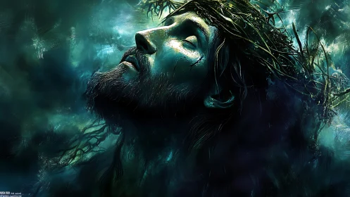 Luminous crowned figure in teal storm-lit abstraction.