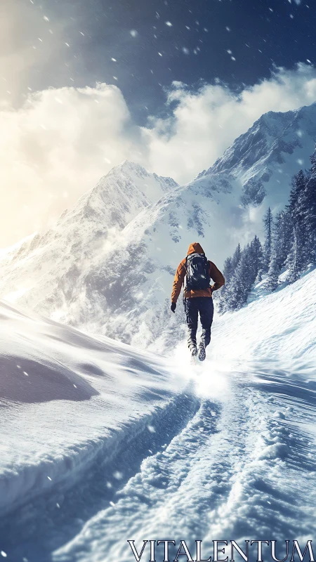 Photorealistic alpine ascent with dynamic leading snow trail.