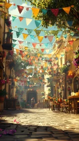Sunlit cobblestone market street with colorful papel picado bunting