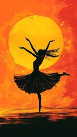 Silhouette ballerina arcs dynamically against incandescent sun