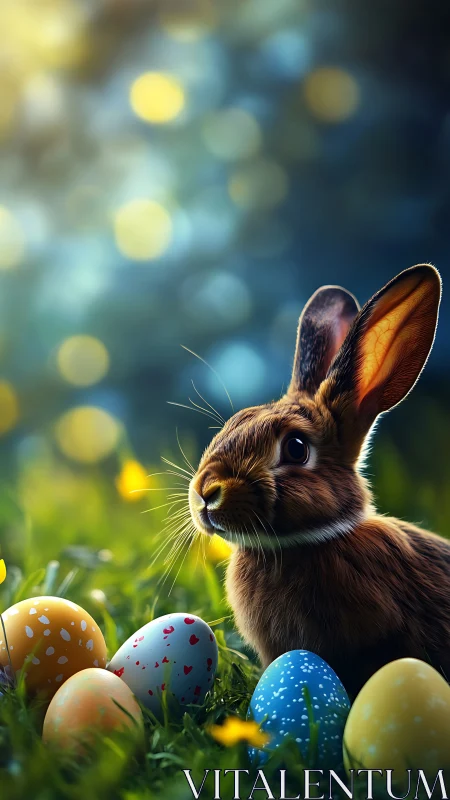 Brown rabbit sits among painted Easter eggs at dusk