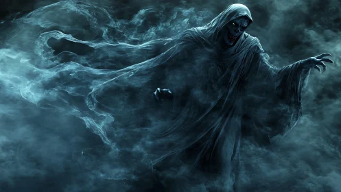 Spectral wraith entity emerging through turbulent cyan fog veil