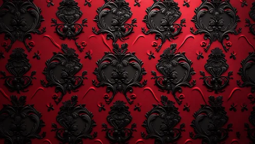 Baroque black damask forms cast deep relief over red field
